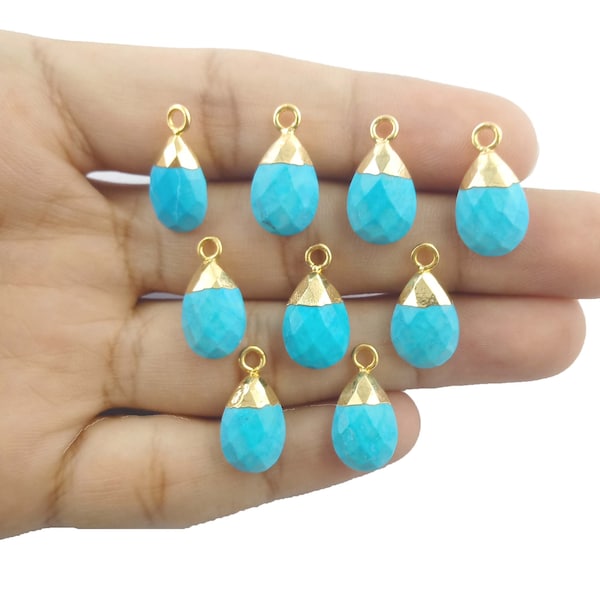 Turquoise Gold&Silver Pendant, Gold Electroplated Gemstone Size 9x12mm Faceted Briolette Teardrop Charms Necklace, Selling Per Piece