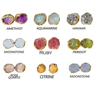 Raw Birthstone Stud Earrings, Stone Size 8-10mm - Gold Electroplated Earring, Birthstone Earrings - Raw Stud Earring, Gift for Women