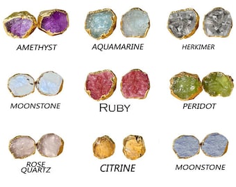Raw Birthstone Stud Earrings, Stone Size 8-10mm - Gold Electroplated Earring, Birthstone Earrings - Raw Stud Earring, Gift for Women