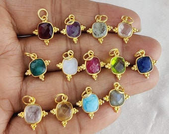 Gemstone Cushion Shape Pendant - Birthstone Gold Plated Charms for Earrings and Necklaces - Attractive Style Bezel Design - Sold Per Piece