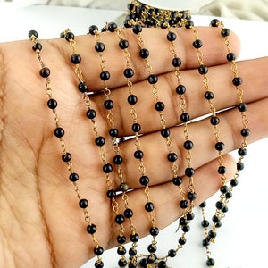 Black Onyx Rosary Chain, Gold Plating Stone Size 3mm, Wire Wrapped Rosary Chain Jewelry, Onyx Smooth Bead, Rosary Chain, Making For Jewelry