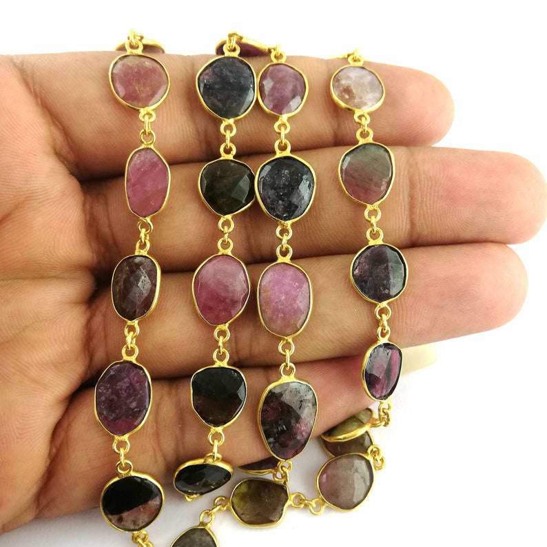 Selling By Foot Making For Jewelry Tourmaline Connector Necklace Natural Tourmaline Faceted Gemstone Bezel Chain Chain Bracelet