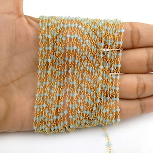 Peut inclure: Un long brin de perles de pierres précieuses bleu clair enfilées sur une chaîne dorée. Les perles sont petites et rondes, et la chaîne est délicate.