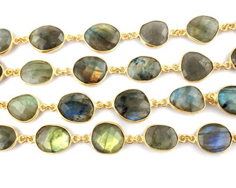 Chaîne de connecteur avec lunette en labradorite - Chaîne de connecteur de pierres précieuses à facettes de forme libre - Chaînes de collier et de bracelet - Prix au pied