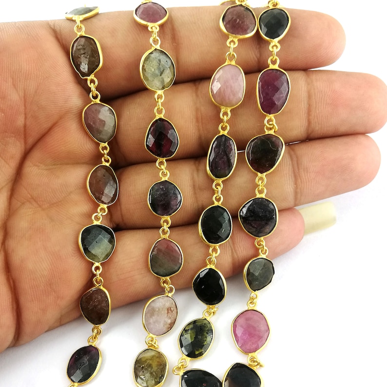 Selling By Foot Making For Jewelry Tourmaline Connector Necklace Natural Tourmaline Faceted Gemstone Bezel Chain Chain Bracelet
