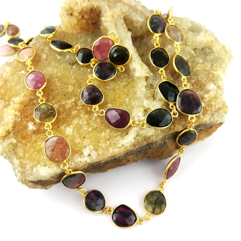 Selling By Foot Making For Jewelry Tourmaline Connector Necklace Natural Tourmaline Faceted Gemstone Bezel Chain Chain Bracelet