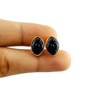 Stud Minimalist Earrings 925 Sterling Silver Girls Stud Evil Eye Black Onyx, Drop Stud Colette Stud, Gold Vermeil, Selling By 1 Pair