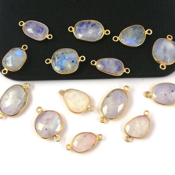 2 Piece Blue Flash Rainbow Moonstone Gemstone Gold Plated Bezel Connector - Gemstone Connector - Moonstone Connector Mother's Day