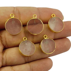 Rose Quartz Slice Gemstone Gold & Silver Electroplated Pendant - Natural Rose Quartz Round Shape Pendant - Selling By Piece Mother&#39;s Day