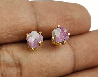 Pink Tourmaline Raw Gemstone Studs - Gold Plated Prong Setting Earrings (Selling By Pair)