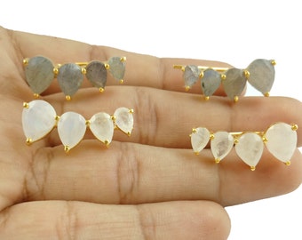 Labradorite and Moonstone Vermeil Ear Climber - Elegant Gemstone Mini Earrings, Selling By Per Pair