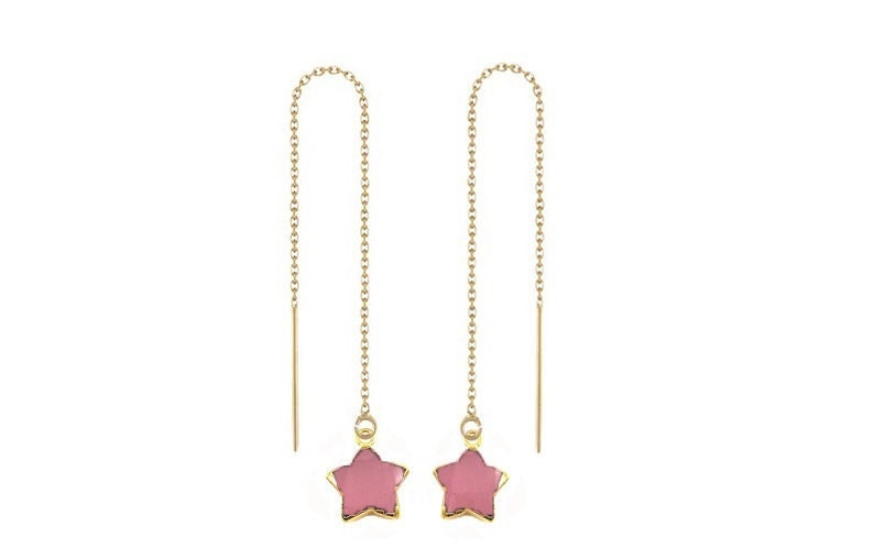 Pink Star Threader Chalcedony Earrings Chain - Gold Vermeil Threader - Long Chain Jewelry - Selling Per Pair Mother's Day