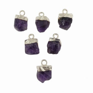 May include: Six purple amethyst crystal charms with silver accents. Each charm has a loop for attaching to jewelry.