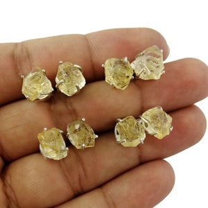 Raw Citrine Prong Set Stud Earrings, November Birthstone Earrings, Rough Citrine Earring, Yellow Stone Studs, Selling/Pair, Gift For Her