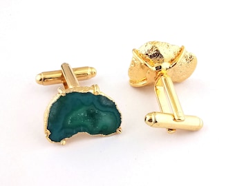 Green Geode Druzy Cufflink - Mens Suit Cufflinks Set - Gold Electroplated Cuff link Jewelry - Selling By Pair Mother's Day