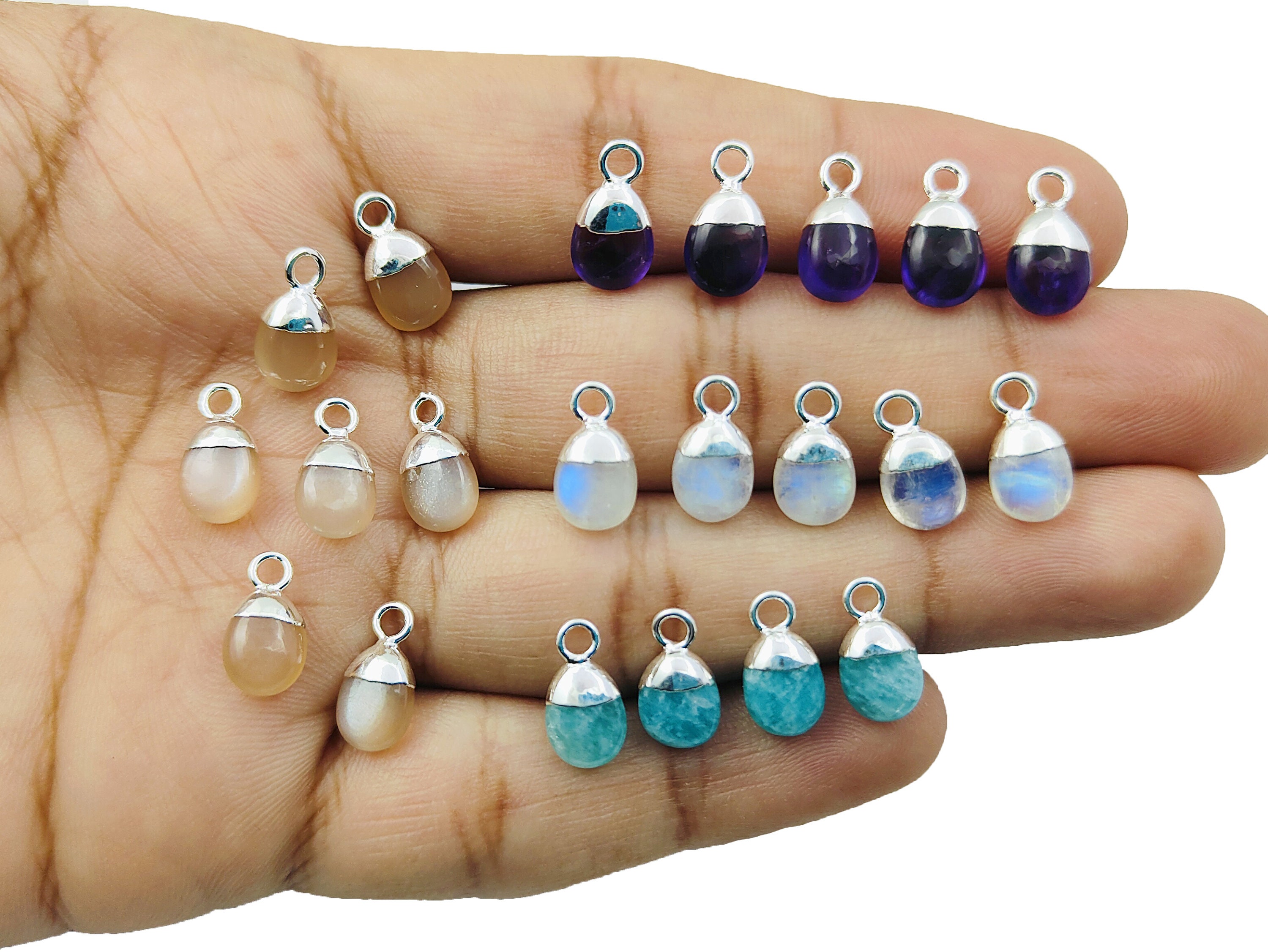 Tiny 8-10mm handmade tumble gemstone pendant with natural stone and electroplated cap charm - sold individually.
