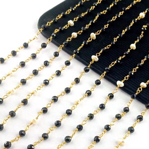 Schwarzer Onyx und Perle Rosenkranz Kette, Edelstein Perlen Kette, - 3-3.5 mm facettierte runde Perlenkette, Halskette Kette, Verkauf pro Fuß