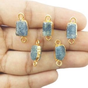 Natural Blue Sapphire Raw Gemstone Connector - Gold and Silver Electroplated Double Bail Connector - Gemstone Connector Selling By Piece