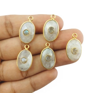 Rainbow Moon Newly Arrived Double Gemstone Charms Pendants 8x12mm Oval Gold Vermeil Bezel Set Gemstone Pendant, Selling Per Piece