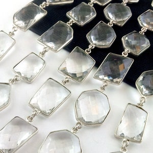 Crystal Bezel Connector Chain - Faceted Gemstone Silver Plated Fancy Stone Bezel Connector Chain Making for Jewelry - Selling by Foot
