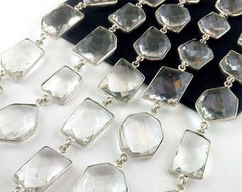 Crystal Bezel Connector Chain - Faceted Gemstone Silver Plated Fancy Stone Bezel Connector Chain Making for Jewelry - Selling by Foot