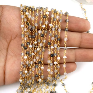 Black Rutile And Pearl  3-3.5mm Rosary Beaded Chain Wire Wrapped Rosary Chain Pearl Beaded Gemstone Rosary Chain - Selling By Foot