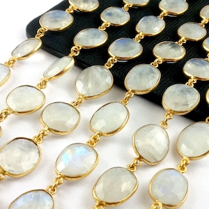 Rainbow Moonstone Connector Bezel Chain, Stone Size 13-15mm - Connector Link Chain, Gold Plated Bezel Chain, Selling by Foot
