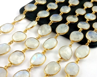 Rainbow Moonstone Connector Bezel Chain, Stone Size 13-15mm - Connector Link Chain, Gold Plated Bezel Chain, Selling by Foot