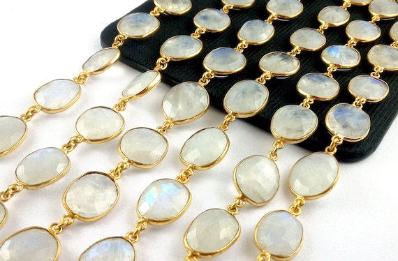 Rainbow Moonstone Connector Bezel Chain, Stone Size 13-15mm - Connector Link Chain, Gold Plated Bezel Chain, Selling by Foot