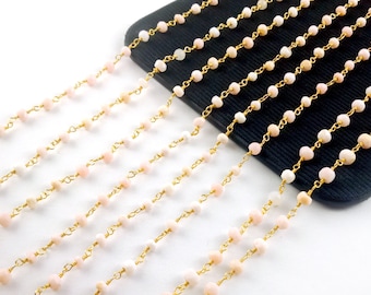 Pink Opal Rosary Chain, Gemstone Beaded Chain, - 3-3.5mm Faceted Round Bead Chain, Necklace Chain, Selling Per Feet