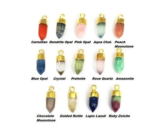 May include: Assortment of 12 gold-capped gemstone pendants, each featuring a different type of stone, including carnelian, dendrite opal, pink opal, aqua chalcedony, peach moonstone, blue opal, crystal, prehnite, rose quartz, amazonite, chocolate moonstone, golded rutile, lapis lazuli, and ruby zoisite.
