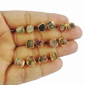 Tourmaline Raw Stud Earrings, Watermelon Rough Stone Studs, October Birthstone Earrings, Handmade Jewelry, Selling Per Pair, Gift For Women