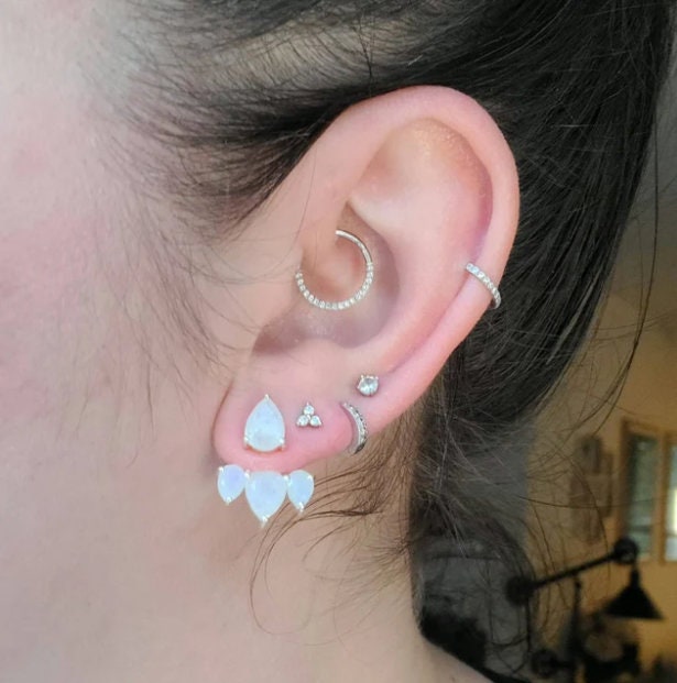 Rainbow Moonstone Ear Jacket Earring, Handmade Earring, Gold Vermeil,…