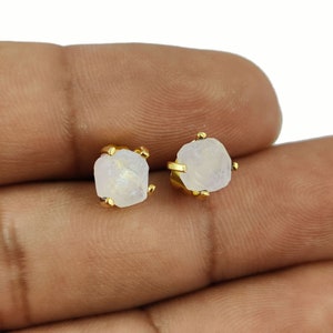 Rainbow Moonstone Raw Gemstone Tiny Stud, Gold Plated Prong Setting Stud Earring, Selling By Pair Mother&#39;s Day