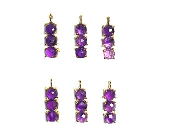 Amethyst Gold Plated Three Stone Pendant - Birthstone Necklace Gemstone - Prong Set Jewelry Making Charms - Selling By Piece Mother's Day