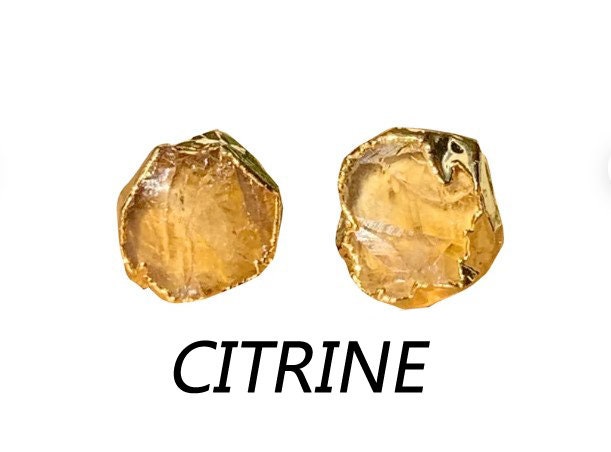 Natural Citrine Stud Earrings - Yellow Color Stud Earrings - Electroplated Stud Earrings - Birthstone Earrings - Natural Gemstone Earrings