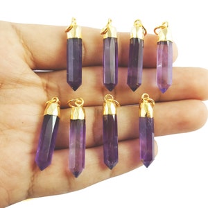 Amethyst Pendant, Healing Crystal Point Gemstone Size 25x6mm Necklace Spikes Earrings, Gold Electroplated Cap Pendant, Selling Per Piece