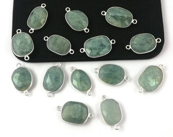 2 Piece Aquamarine Gemstone Silver Plated Bezel Connector - Gemstone Connector - Aquamarine Connector Mother's Day