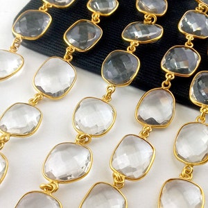 Crystal Quartz Link Chain - Crystal Quartz Bezel Connector Chain - Faceted Gemstone Bezel Necklace Chain - 13 to 16MM  Sold By Foot