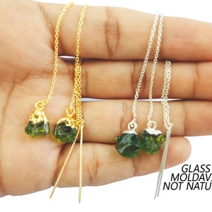 Raw Moldavite Earrings Gemstone Glass Rough - Gold Vermeil Threader - Long Chain Earrings Jewelry - Selling Per Pair Mother&#39;s Day