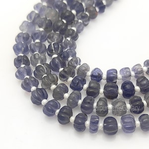 Può includere: Primo piano di fili di perline di pietre preziose blu-grigie. Le perline hanno una forma di zucca scolpita e sono infilate su un filo bianco. Le perline variano di colore dal blu-grigio chiaro allo scuro. Lo sfondo è bianco.