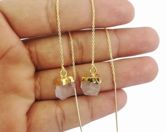 Rose Quartz Raw Gemstone Threader Earrings - Gold Vermeil Threader Earring - Long Chain Earrings Jewelry - Selling Per Pair Valentine’s Day