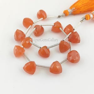 Puede incluir: Una hebra de cuentas de piedra preciosa de cornalina naranja, cada cuenta está facetada y tiene forma de corazón. Las cuentas están enhebradas en un alambre de plata y están separadas por pequeños separadores de plata. La hebra mide aproximadamente 45 cm de largo.