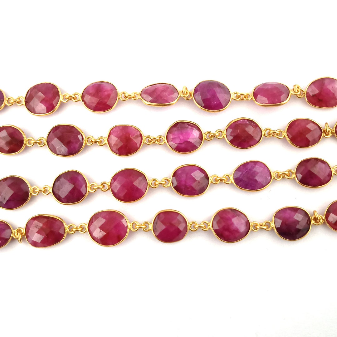 Red Ruby Gold Plated Bezel Chain, Ruby Dyed Faceted Gemstone Connector ...