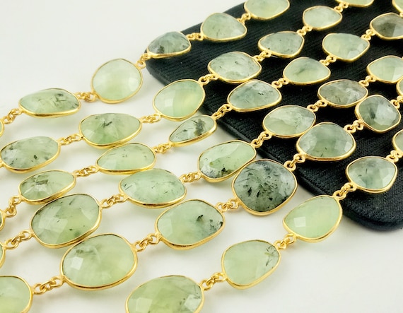 Prehnite Gemstone Bezel Chain, Gold Plated Uneven Shape Connector Chain For Making Necklace Or Other Jewelry Accessories, Selling Per Foot