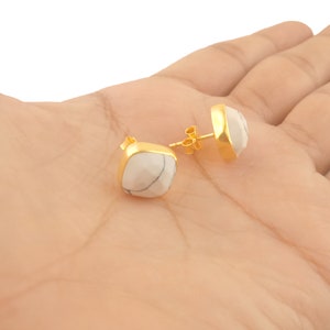 925 Sterling Silver Howlite Gemstone Faceted Stud, Gold Vermeil Plain Setting Howlite Earring, 925 Silver Stud Earring, Selling By Pair