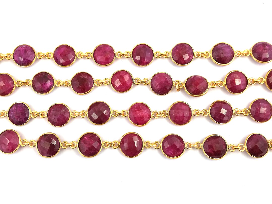 Ruby Dyed Gold Plated Bezel Chain - Ruby Gemstone Faceted Round 11mm ...