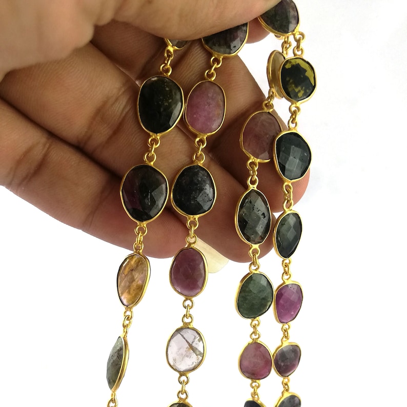 Selling By Foot Making For Jewelry Tourmaline Connector Necklace Natural Tourmaline Faceted Gemstone Bezel Chain Chain Bracelet