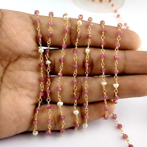 Gemstone Beaded Chain, Pink Tourmaline and Pearl Stone Rosary Chain - 3-3.5mm Faceted Round Bead Chain, Necklace Chain, Selling Per Feet
