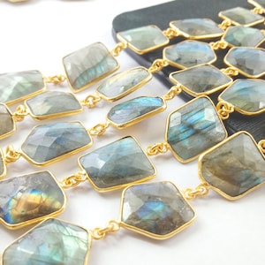 Labradorite Gemstone Fancy Cut Bezel Connector Chain - Free Form Size Faceted Gemstone Connector Chain - GIft For Her - Selling Per Foot